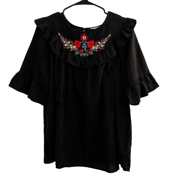 Black ruffled embroidered short sleeve boho festival top by Entro Medium - Picture 2 of 5
